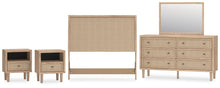 Load image into Gallery viewer, Cielden Full Upholstered Panel Bed with Mirrored Dresser and 2 Nightstands
